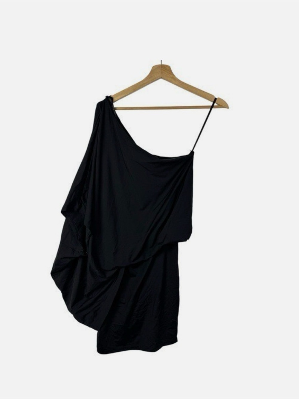 Main Strip Black One-Shoulder Asymmetric Draped Gown